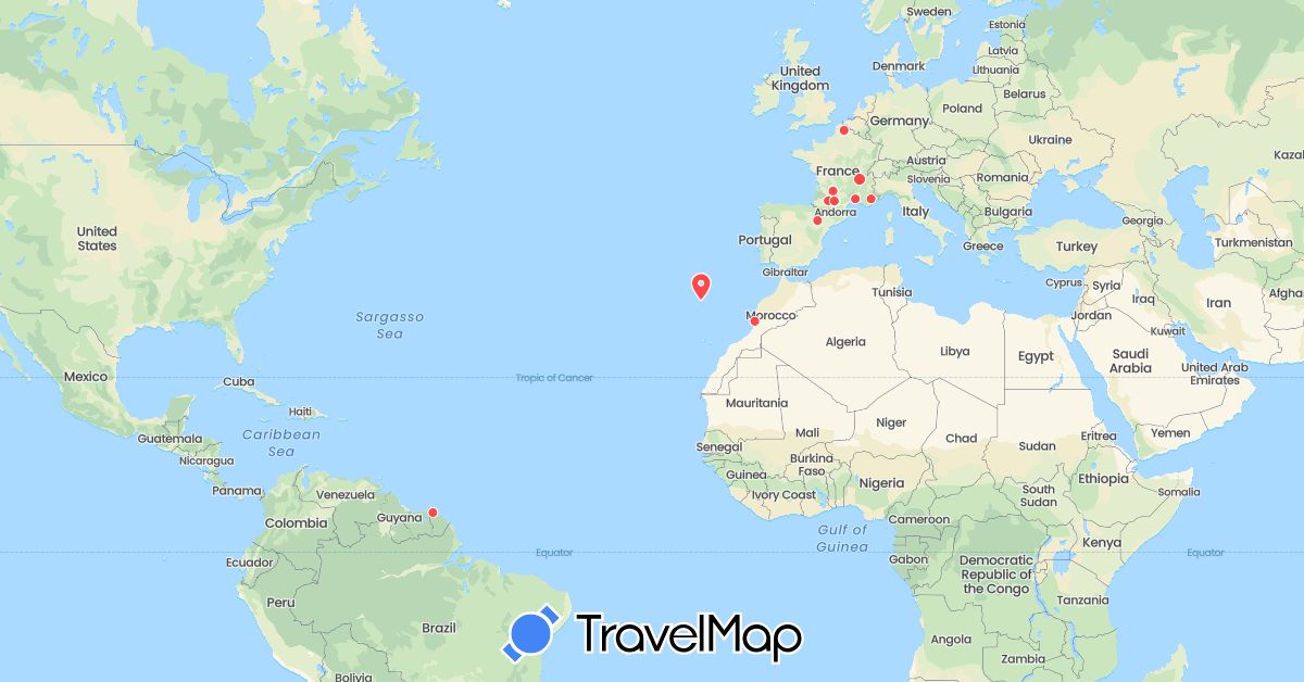 TravelMap itinerary: driving, hiking in Spain, France, Morocco, Portugal (Africa, Europe)