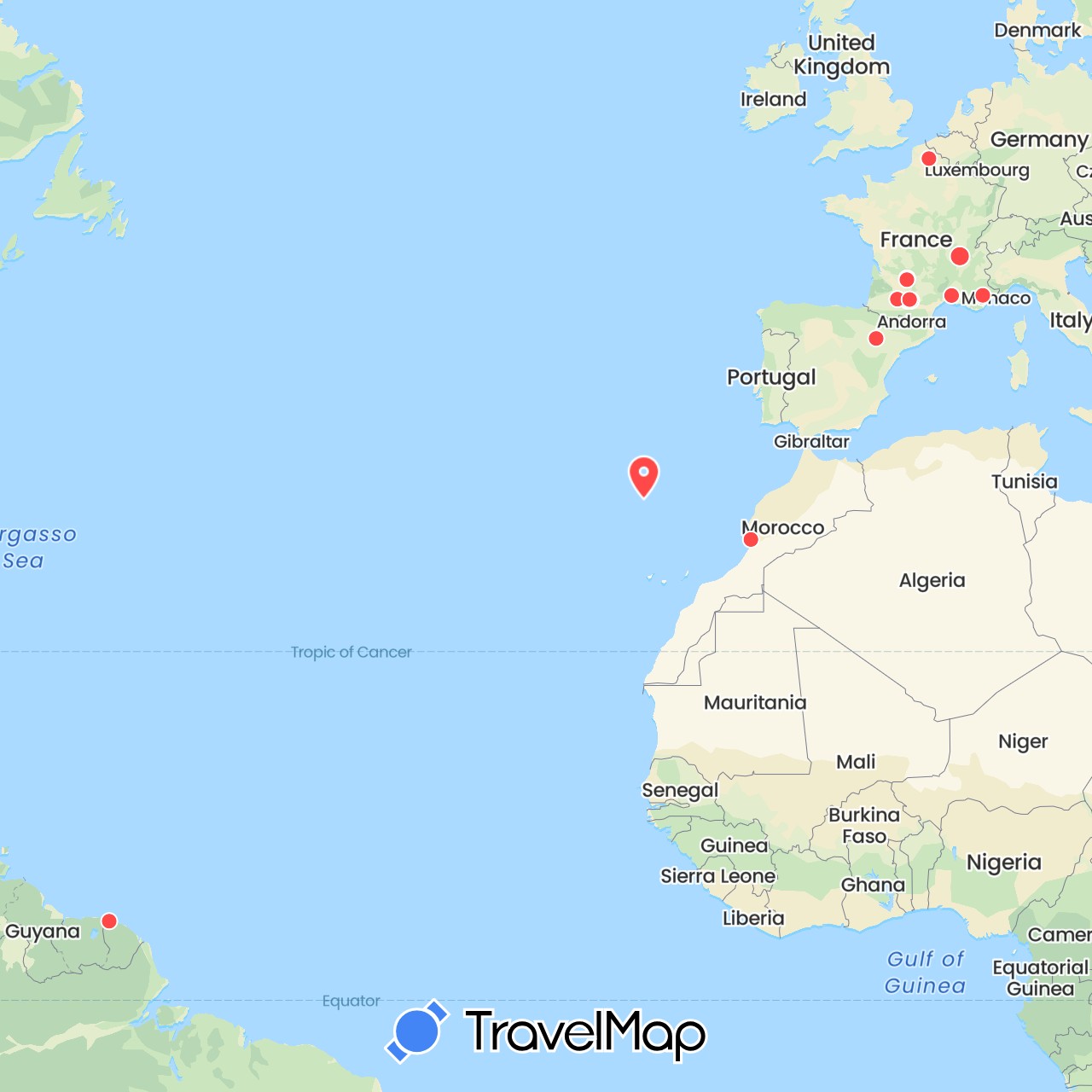 TravelMap itinerary: driving, hiking in Spain, France, Morocco, Portugal (Africa, Europe)